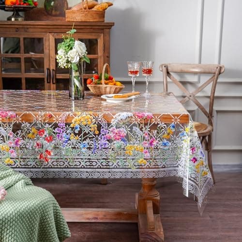 ARTABLE Clear Table Cover Protector Vinyl PVC Rectangle Table Cloth with Floral Print Pattern Oil Proof Wipe-able Plastic Tablecloths for Dining Tables Parties Holidays (Flowers, 60 x 84 Inches)