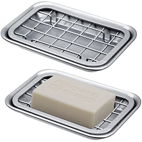 Kitchen and Bathroom Soap Dish Tray - Metal 2-Piece Soap Dish Tray with Drainage Grid and Holder for Kitchen Sink Countertops to Store Soap, Sponges, Scrubbers - Rust Resistant (2 Pack, Silver)