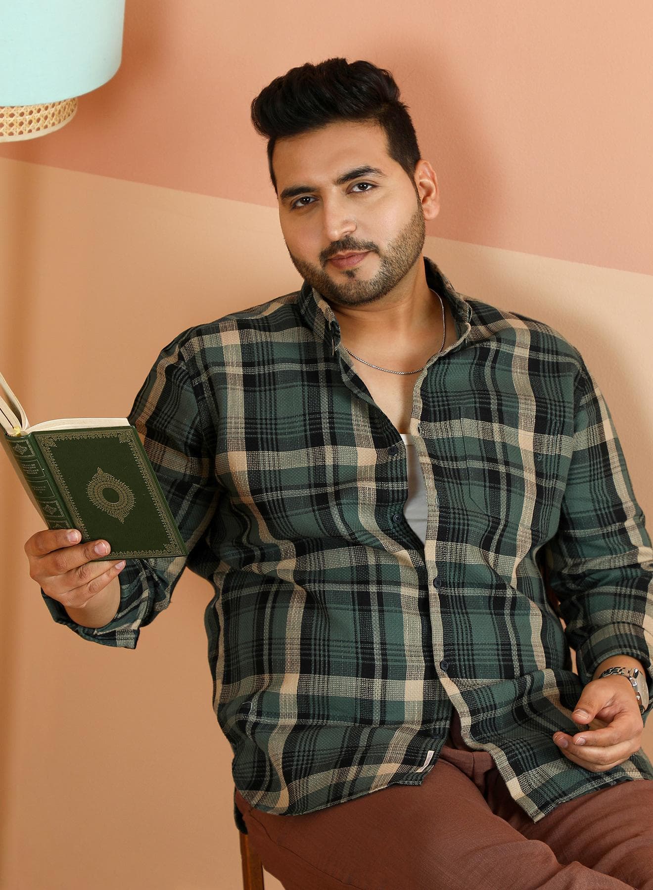 Men's Emerald Green Tartan-Tactile Regular Shirt For Casual Wear | Spread Collar | Long Cuffed Sleeves | Button Closure | Plus Size Shirt Crafted With Comfort Fit For Everyday Wear