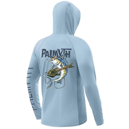Palmyth Mens Fishing Shirts UV Sun Protection Vented Hoodie Long Sleeve with UPF 50 Neck Gaiter Light Blue Marlin Guitar XLarge