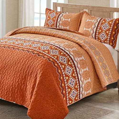 WONGS BEDDING 3 Pieces Quilt Set California King, Burnt Orange/Rust Thanksgiving Quilt Bedspread Bohemian Coverlet Set with 2 Pillowcase, Fall Soft Thanksgiving Bedding Set All Season 106"×96"