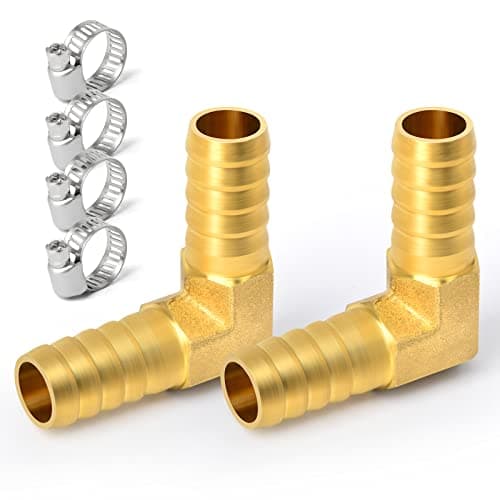 GASHER 2 Pieces Brass Hose Barb Reducer, 5/8 Inch to 5/8 Inch Barb Hose ID 90 Degree L Right Angle Elbow with 4 Hose Clamps, Brass Barb Reducer SPLICER Fitting Fuel/AIR/Water/Oil/Gas/WOG