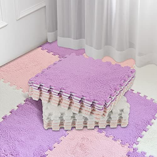 Amylove 18 Pcs Plush Foam Floor Mat Square Interlocking Carpet Tiles with Border Fluffy Play Mat Floor Tiles Soft Climbing Area Rugs for Home Playroom 12 x 12 x 04 inBeige Light Pink Mauve