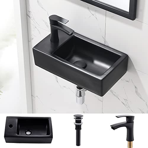 Corner Bathroom Sink with Faucet-Bokaiya 18 Inch Small Wall Mount Bathroom Sink Narrow Space Matte Black Porcelain Ceramic Cloakroom Mini Vanity Vessel Sink, Left Hand