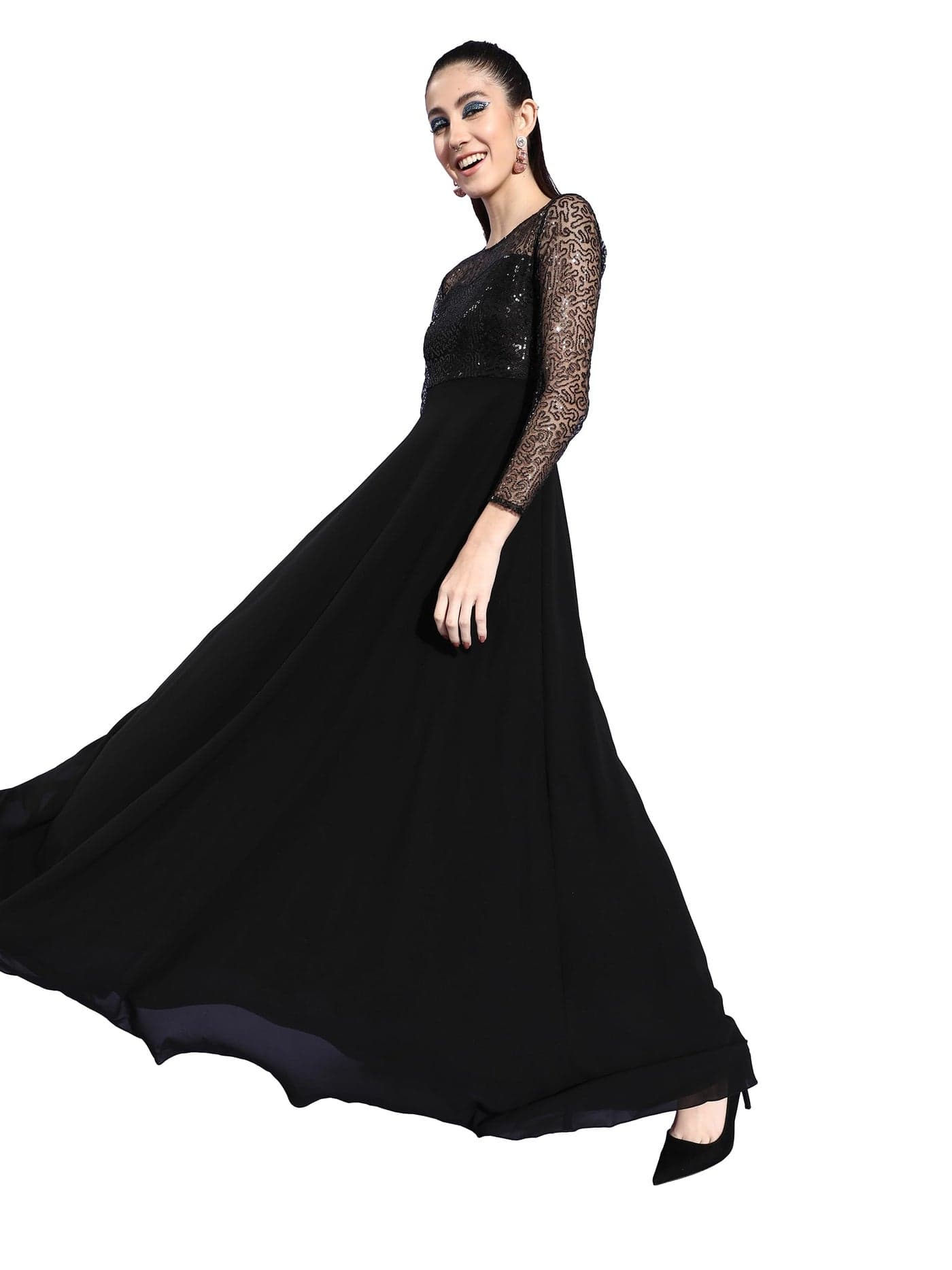 Miss Chase Women's Embellished Maxi Dress (MCAW22D99-88-330-06, Ebony Black, XL)