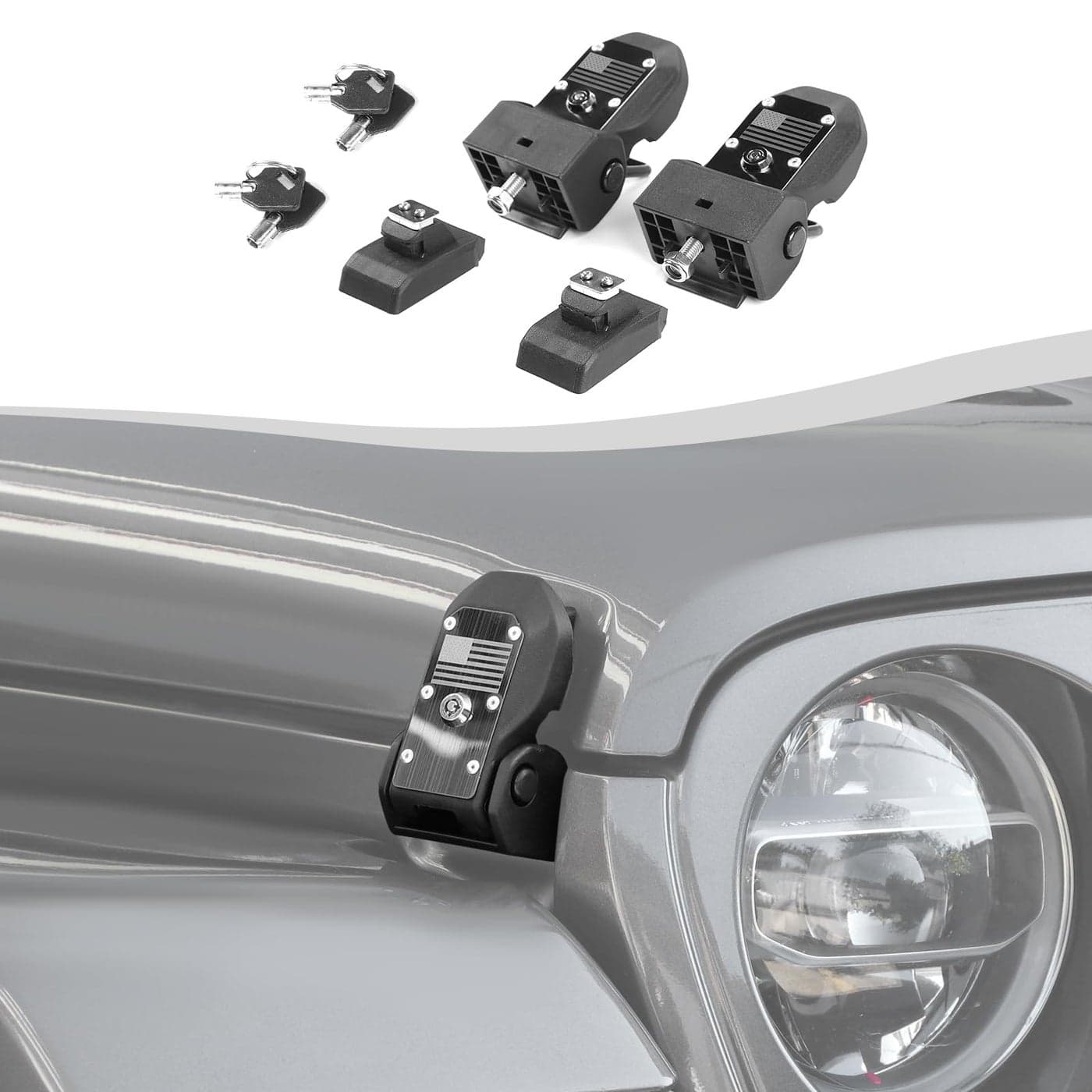 SQQP Locking Hood Latche Hood Lock Fit for 20182025 Jeep Wrangler JL JLU Gladiator JT Hood Catch Kit Aluminum AlloyUSA Flag