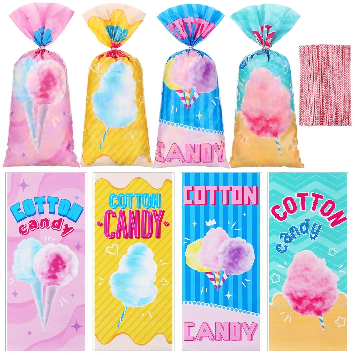Karenhi 100 Pcs Cotton Candy Bags with Ties 10.8 x 5 Inch Carnival Cotton Candy Cones Treat Snacks Cellophane Bags Gift Wrapping Supplies for Circus Carnival Birthday Party Favor(10.8 x 5 Inch)