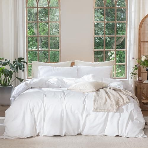 MooMee Bedding Duvet Cover Set 100% Washed Cotton Linen Like Textured Breathable Durable Soft Comfy (Solid Bright White, King 104"x90")