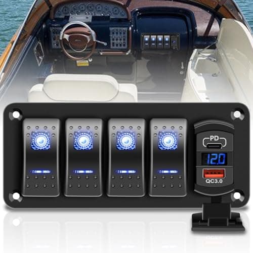 RVZONE 4 Gang IP68 Waterproof Boat Rocker Switch Panel DC 12-24V LED Digital Voltmeter + Dual USB (QC 3.0 & Type-C) Fast Charging Pre-Wired Toggle Switch Panel for RV Car Marine Boat Truck (Blue)