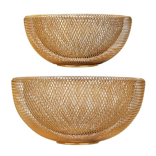IBWell Metal Wire Woven Fruit Storage Bowl Basket for Kitchen, Large Black Mesh Fruit Stand, for Apple, Pineapple, Banana, Orange, Lemon, Pear, Strawberry, Watermelon (Gold, Normal & Large)