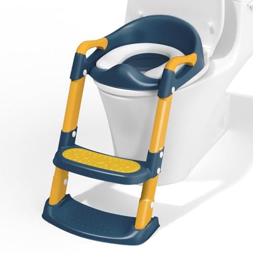 COOSEYA Potty Training Toilet with Step Stool Ladder Toddler Kids Potty Training Seat for Boys Girls Foldable NonSlip Toilet Toddler Seat Splash Guard Soft Cushion Safety Handles Blue Yellow