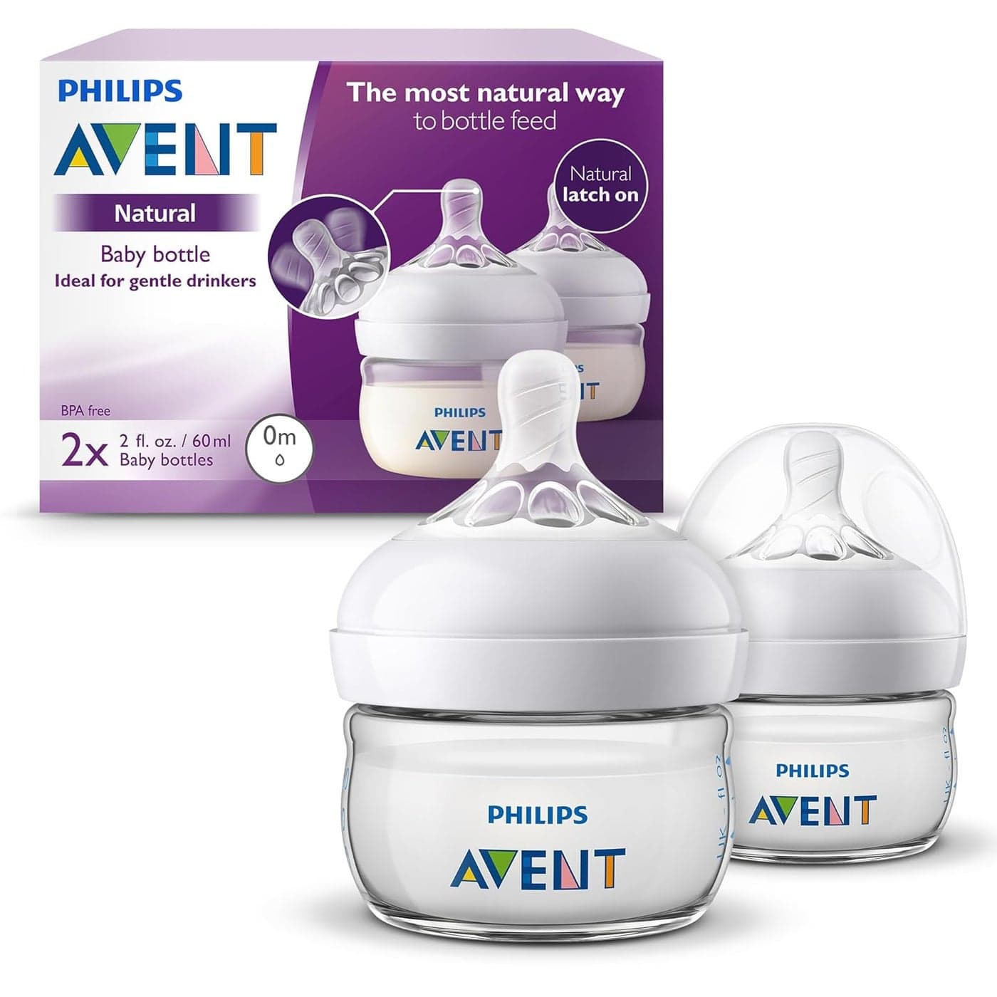 Philips Avent Natural Baby Bottles with First Flow Nipple 2OZ60ML 2 Pack SCF01925