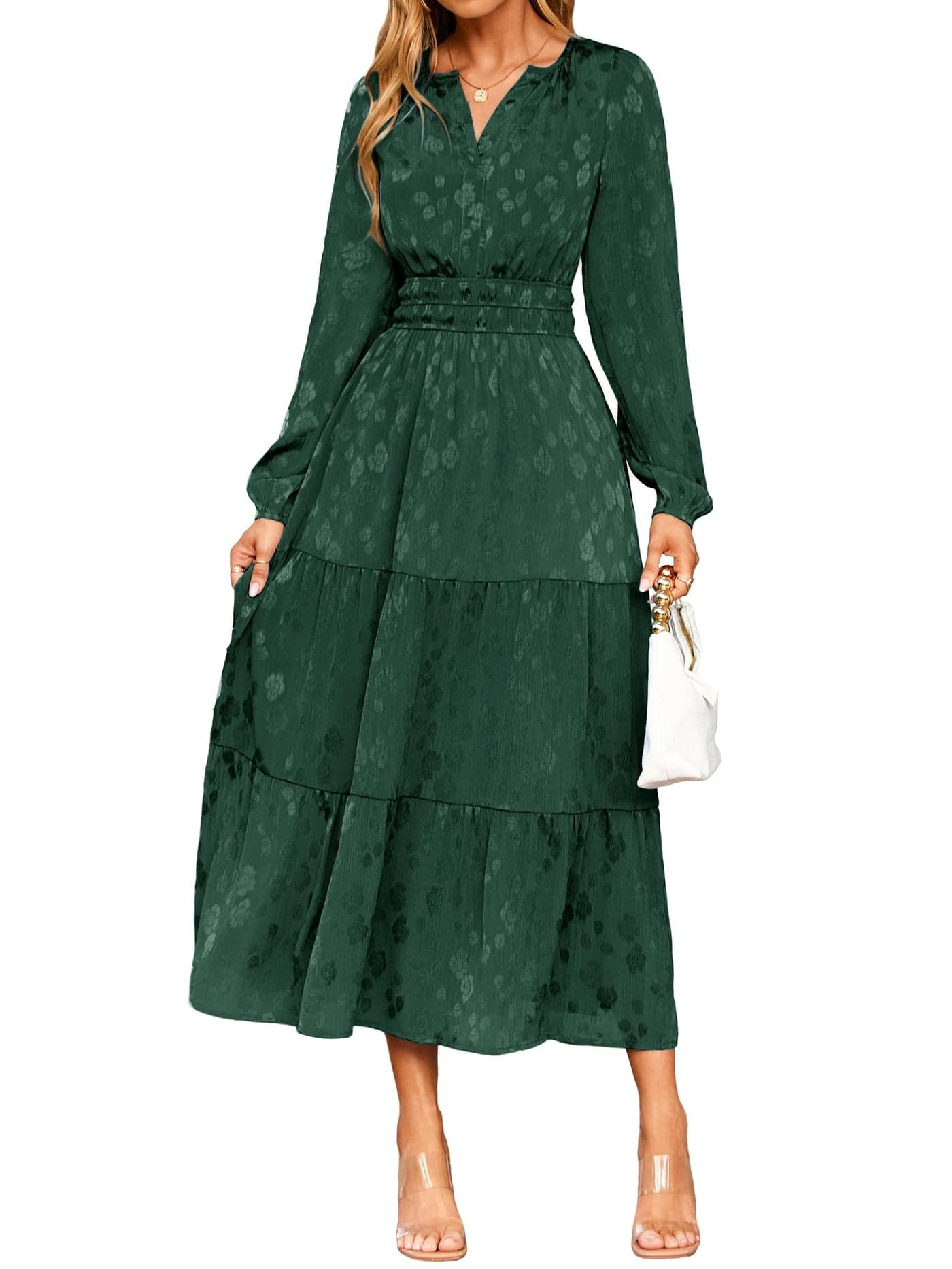 Simplee Womens Wedding Guest Fall Maxi Dress Aline Elegant Floral V-Neck Maxi Holiday Dresses 2025 Trendy(Large,Dark Green)