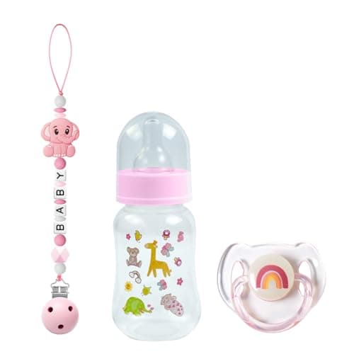 SCOM Reborn Baby Dolls Accessories Set Rainbow Transparent Magnetic Pacifiers Removable Reusable Baby Doll Bottles with Silicone Pacifier Clips for Reborn Dolls Girls Pink Style 3 Pcs