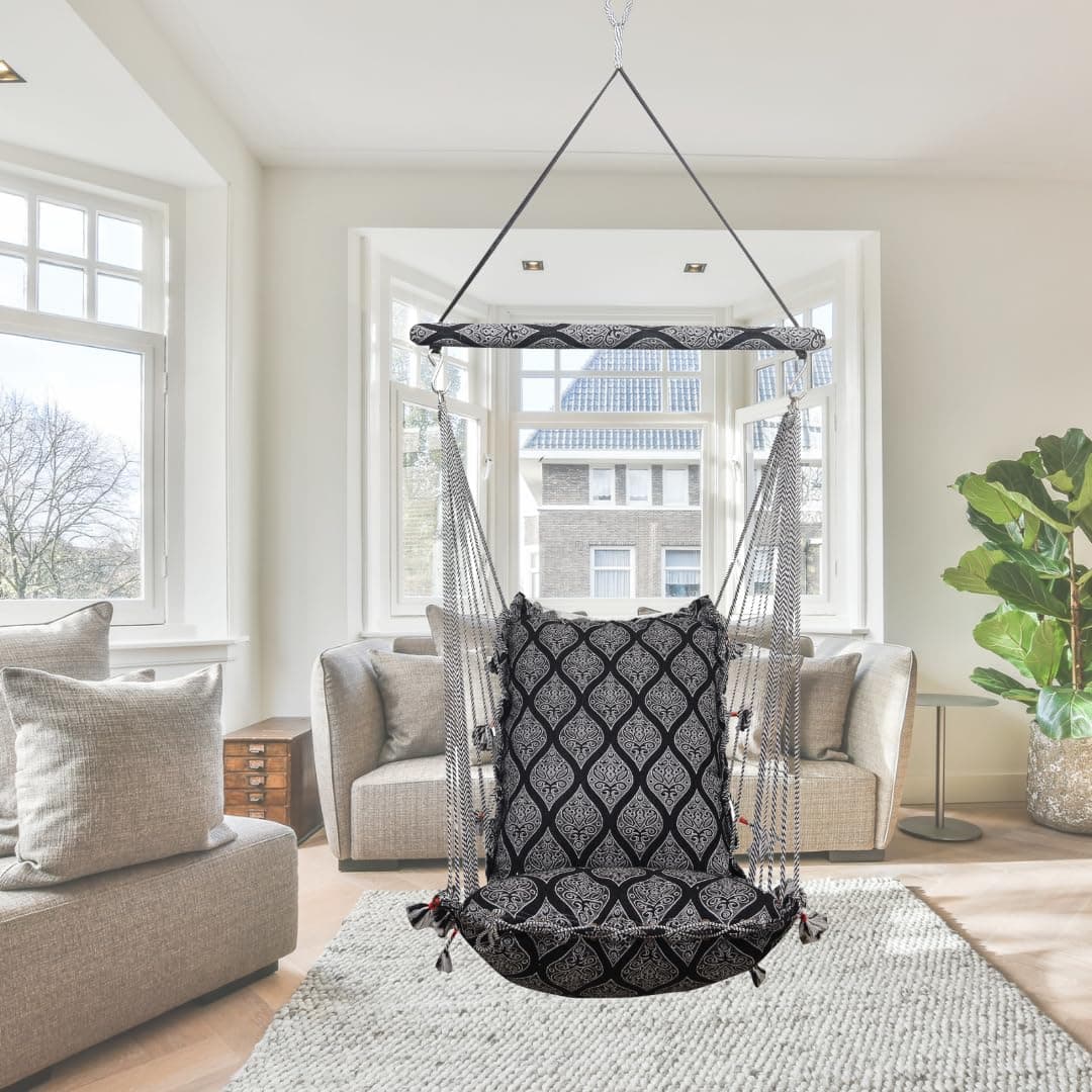 Kkriya Home DecorJumbo Washable Swing for Adult and Kids Jhula for Balcony Swing Chair for Home Hanging seat for Adult for Balcony with Hanging Accessories BlackWeight Capacity 150KG