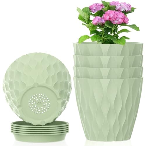 Meowell 4 inch Small Plastic Nursery Pots, 5 Pack Water Ripples Plant Pots for Indoor Plants, Flower Pots with Drainage Holes and Saucers, Seeding Starter Planters for Decorative, Green