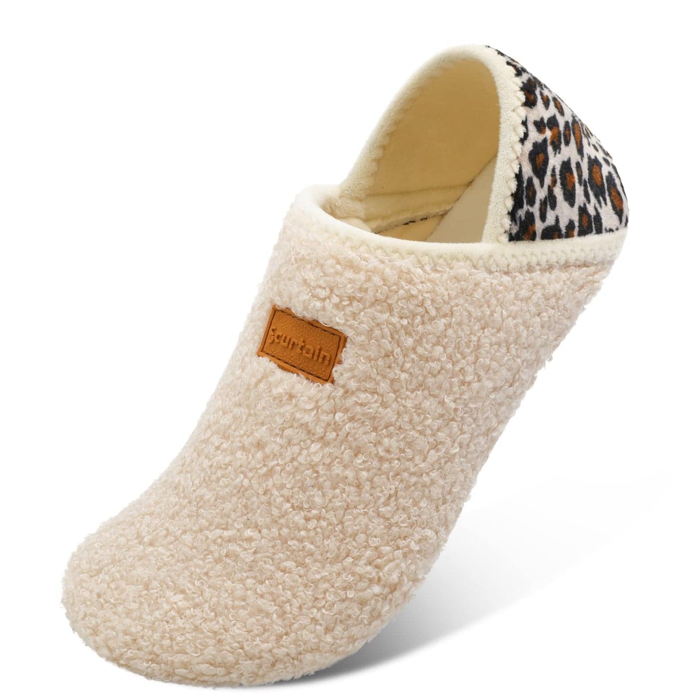 Scurtain Unisex Mens Womens Slippers Socks Artificial Woolen Slippers for Men Women with Non-Slip Rubber Sole Barefoot Slippers Women Mocassins Slippers for Women Bedroom Shoes Beige/Leopard 7.5-8