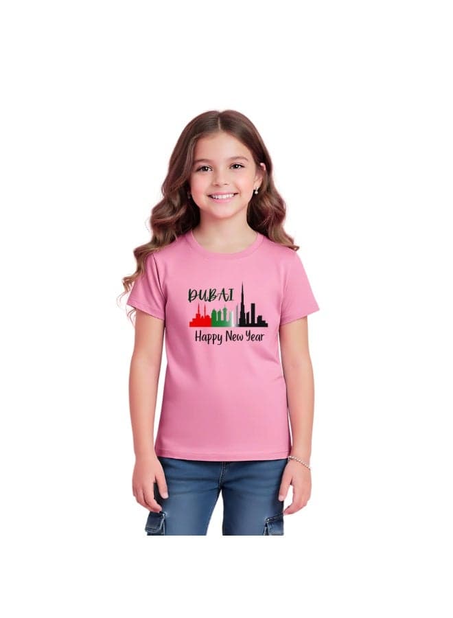 Happy New Year Dubai Kids Girls T-Shirt Round Neck Short Sleeve Cotton T-Shirt With Happy New Year And Dubai Design-Perfect For New Year Celebrations — 4YEARS