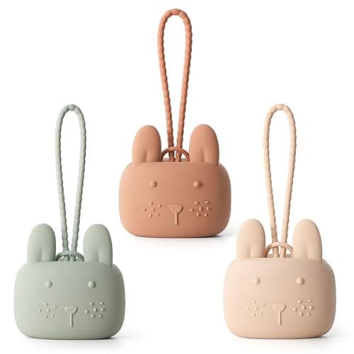ROCCED Pacifier Holder Case Silicone Bunny Design Pacifiers Pouch with Soft Silicone Strap Travel Storage for Stroller Diaper Bag Pacifier Holder Pouch for Baby Set of 3 Beige Dusty Green Brown
