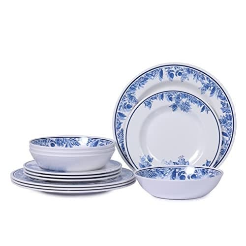 Lechoo Melamine Dinnerware Sets-12pcs Floral Dinnerware Set Service for 4, Blue White Plates and Bowls Sets, Dishwasher Safe, Break-resistant, Outdoor Camping Picnics Use, Reusable, Traditional Flower