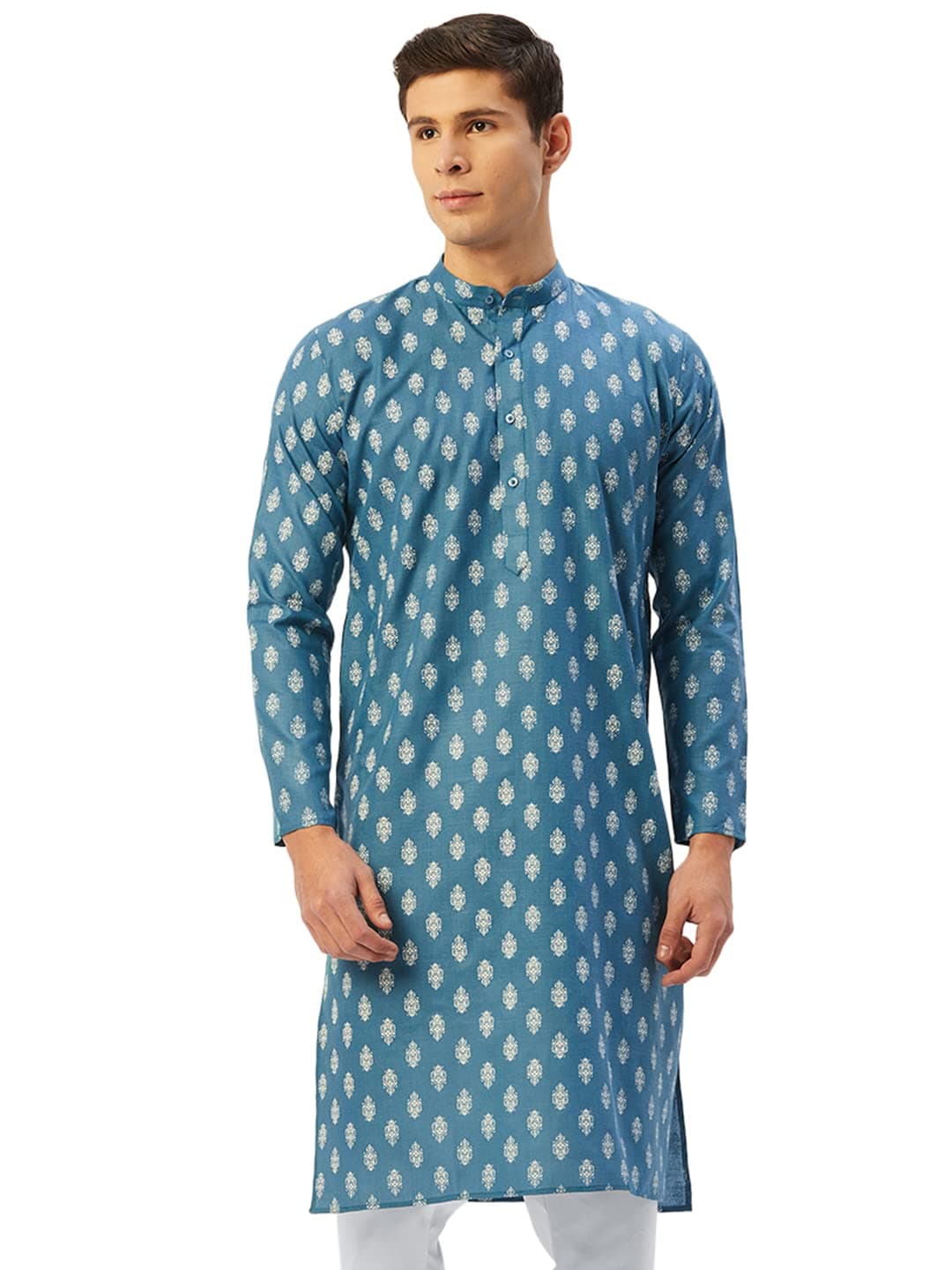 Jompers Men's Cotton Floral Printed Kurta. (Teal, M)