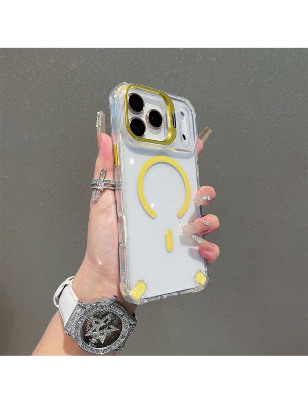Clear Case for iPhone 17 Pro Max with Lens Stand, Aerospace Drop Protection, Cover Compatible with Mag-Safe Accessories, Anti-Yellowing Scratch-Resistant 6.9 Back Cover-Bright Yellow