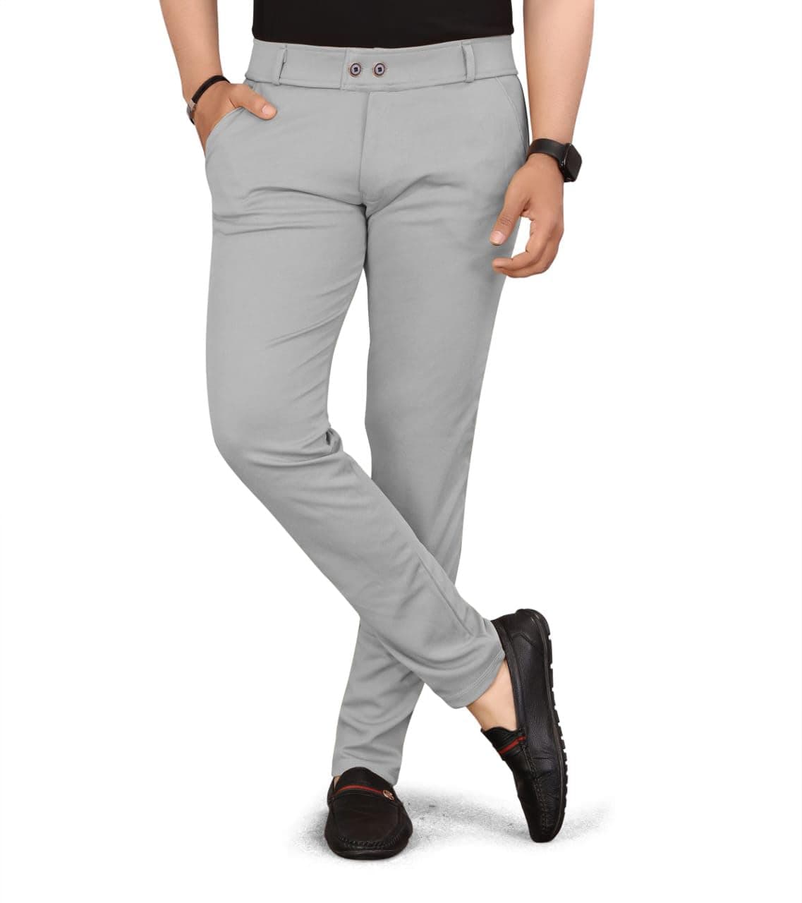HARSHAD KUMAR & CO . Men's Solid Lycra Slim Fit Stretchable Casual Wear Comfortable Formal Mid Rise Trousers Pants (38, Grey)