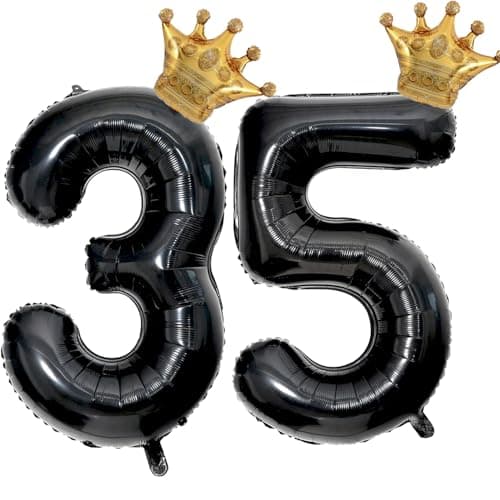 40 inch Large Black 35 Balloon Number with Gold Crown Balloons 35th Birthday Big Foil Mylar Helium Balloon for Boys Girls 35th Birthday Anniversary Decorations Supplies FavorsNumber 35 Balloons