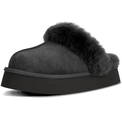 OOW Fuzzy Platform Slippers for Women Cozy Womens Platform Slippers Winter House Slippers for Women Indoor and Outdoor Black