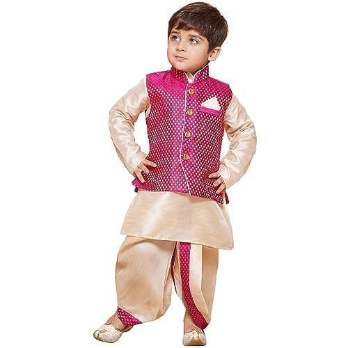AJ DEZINES Dhoti Kurta Set for Boys | Comfortable Ethnic Wear | Cotton Full Sleeve Boy Ethnic Outfit | Kids Wear for Weddings & Festivals | Stylish Dress with Woven Waistcoat | Regular Fit | PINK-2