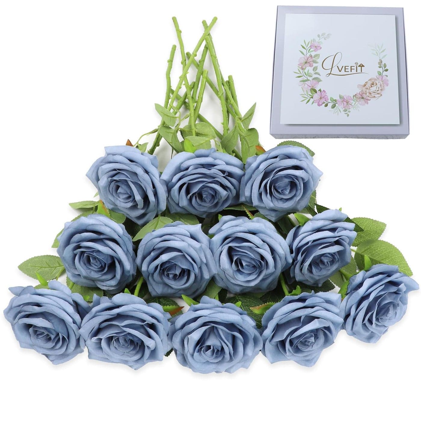 LVEFIT Artificial Rose Flower Dusty Blue Flowers Dusty Blue Roses Silk Flowers 12 pcs with Long Stem Silk Roses Bouquet for Wedding Bridal Shower Party Home Decoration