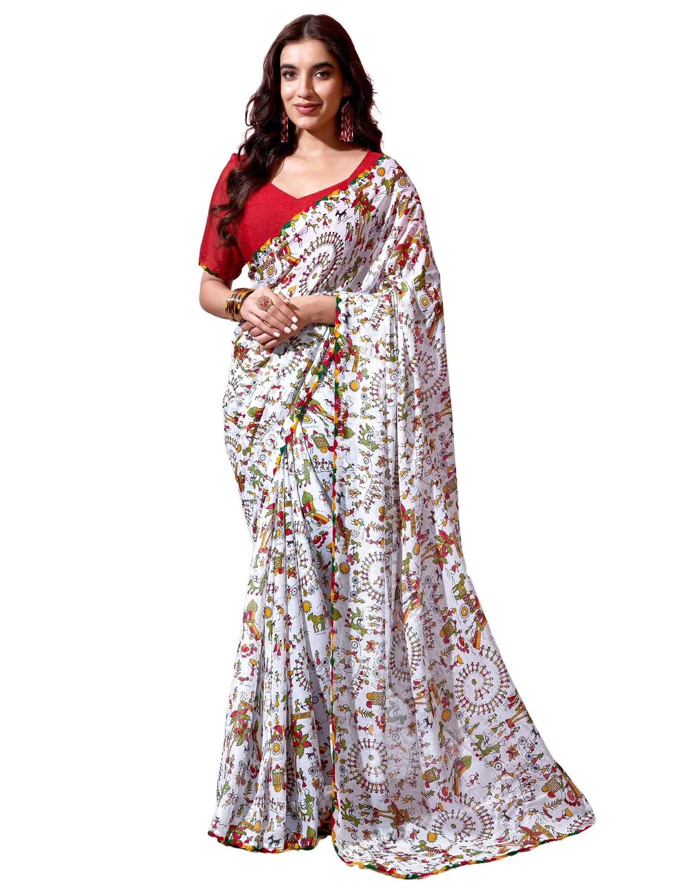 SIRIL Women's Georgette Warli Print Saree with Unstitched Blouse Piece (4371S692_White)
