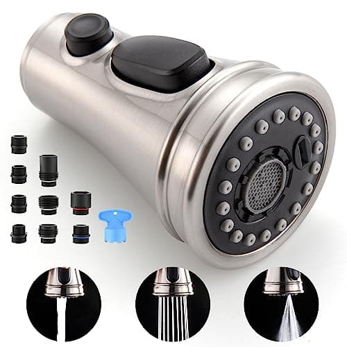 Kitchen Faucet Spray Head Replacement - Pull Down Faucet Sprayer Head with 15 Adapters, 3-Function Kitchen Sink Faucet Head, Replacement Pull Out Faucet Head, Brushed Nickel