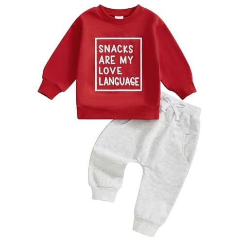 Baby Boy Fall Clothes Set Long Sleeve Letter Print Sweatshirt Pants Valentines Day Outfits 6 12 18 24 Months 2T (Snacks Red, 12-18 Months)