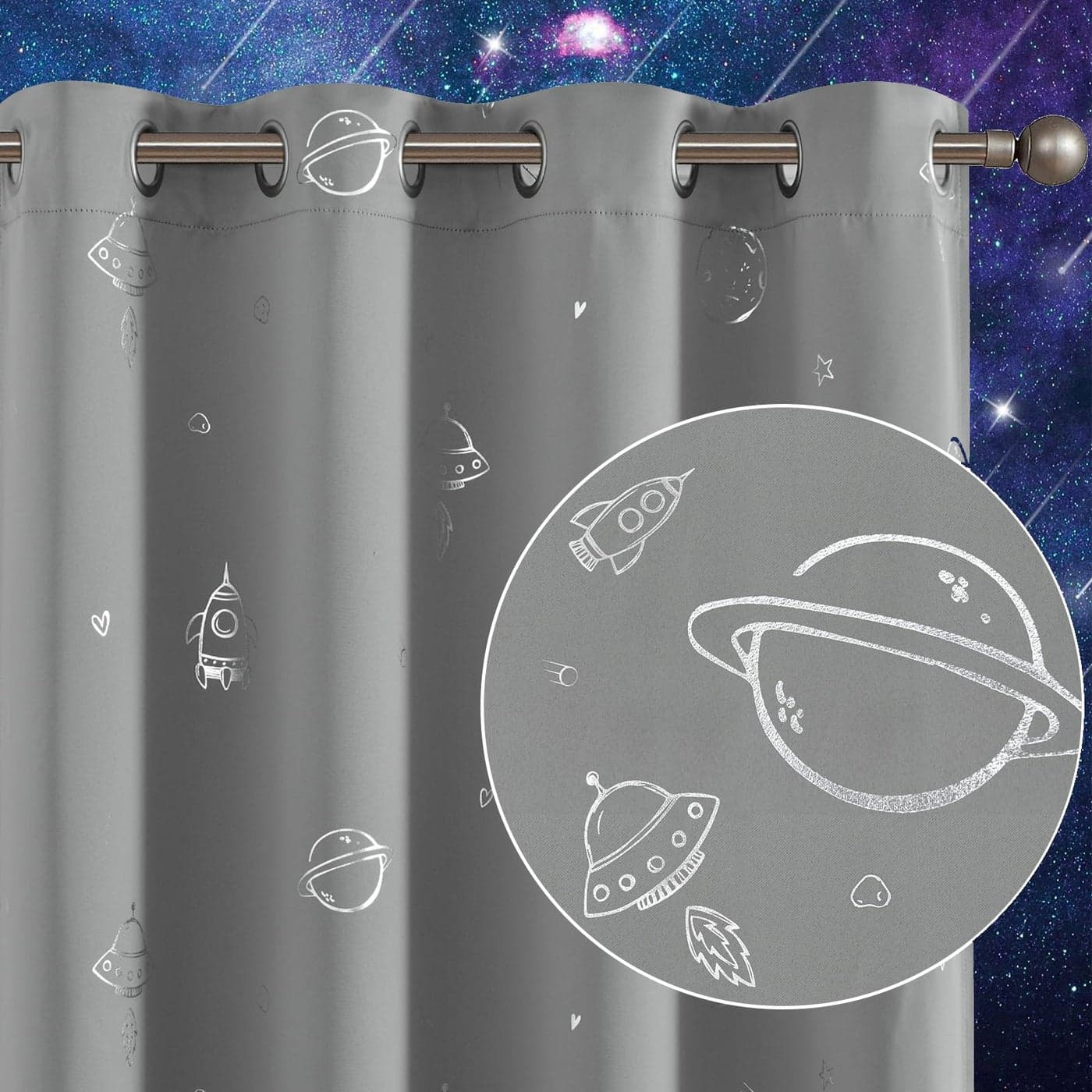 Vangao Grey Kids Curtains for Boys Bedroom Space Theme Blackout Curtains for Kids Nursery Girls Room 63 Inches Length Silver Foil Print Drapes Grommet Top Window Treatments Set 2 Panels