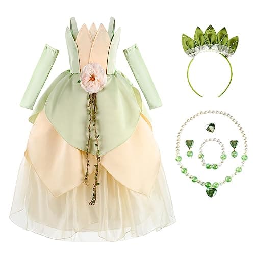 Princess Costume for Girls Birthday Halloween Dress Up Outfits with Accessories (Green, 5-6T)
