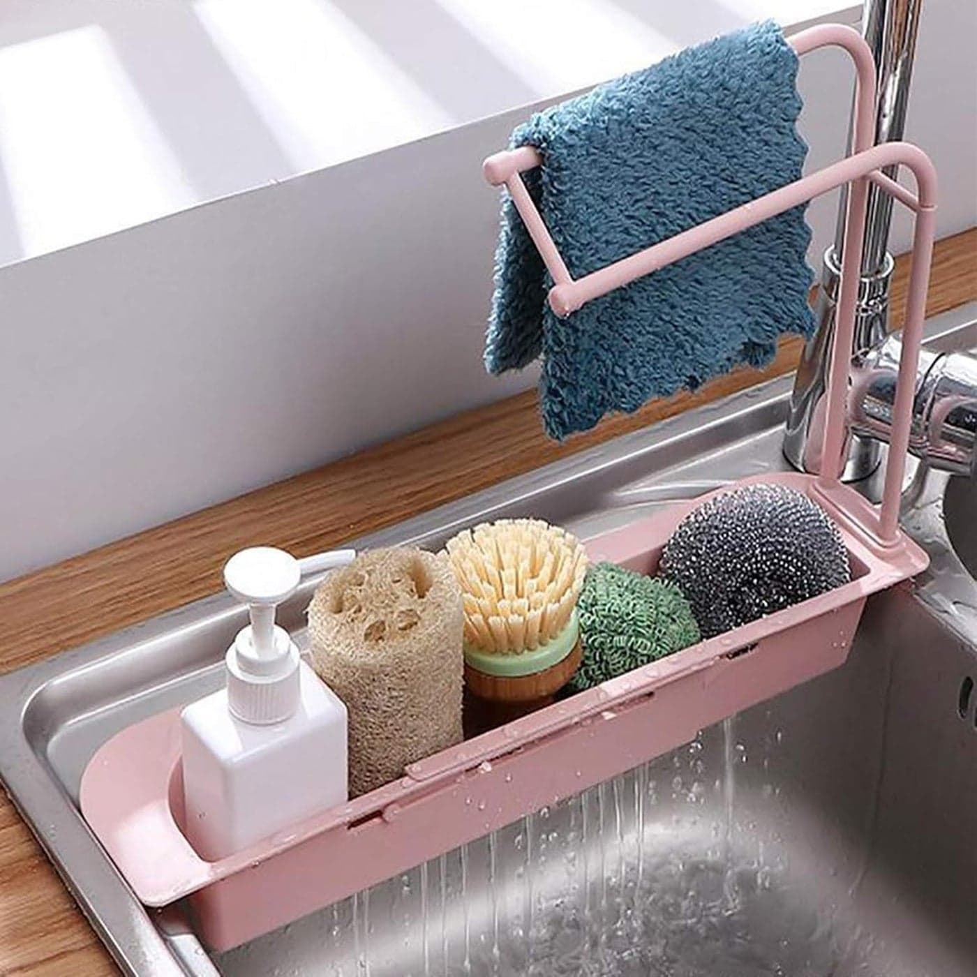Upkaranwale Kitchen Sink Organizer Rack soap Holder Pink