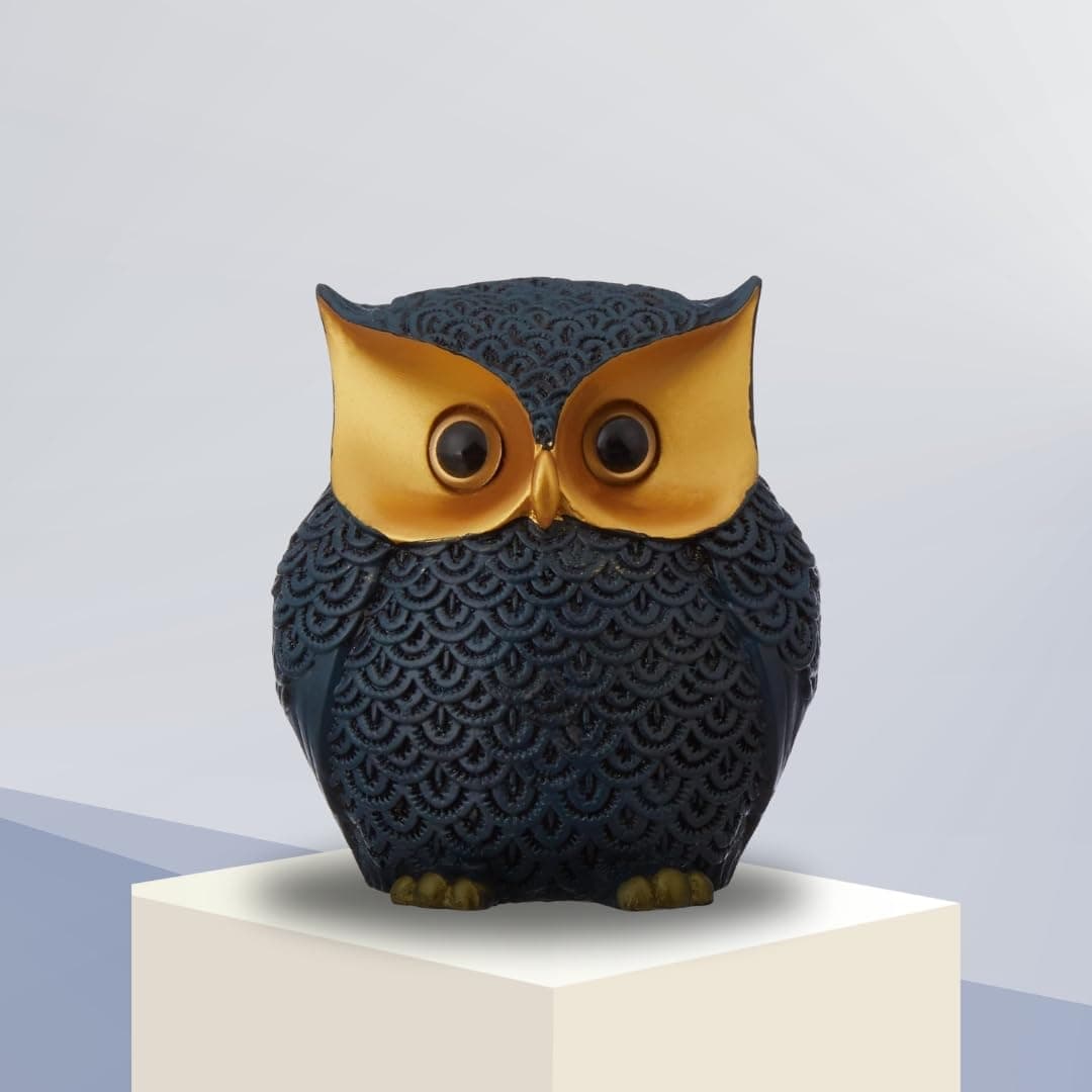 handmade valley Owl Statue for Good Luck Decorative Owl Showpiece for Home Decor Elegant Owl Statue for Shelves Tables and Living Room Decoration Blue and Gold