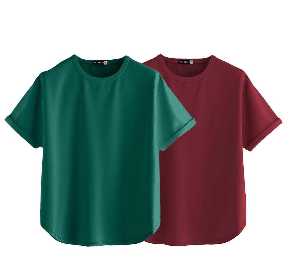 JUNEBERRY® Pure 100% Cotton Oversized Loose Baggy Fit Round Neck with Drop Shoulder Half Sleeves Boyfriend T-Shirt Combo for Women & Girls (PO2_BF_40MR_117GR_L)