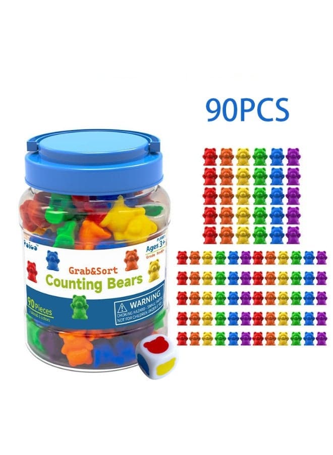 90PCS Counting Bears with Storage Jar, Color Sorting Math Manipulatives for Toddlers 3+, Preschool & Kindergarten Learning Educational Toys, Bear Counters