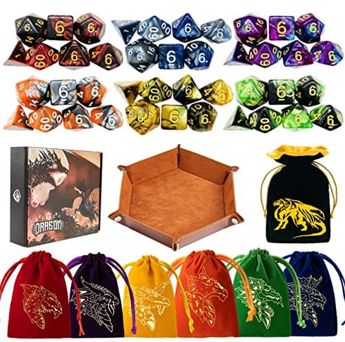 TOYFUL 6 Sets DND Dice Polyhedral Dungeons and Dragons Rolling Dice for RPG MTG Table Games with Free Six Drawstring Bags and PU Leather DD Dice Tray Double with Brown Tray