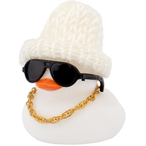wonuu Car Dashboard Colorful Rubber Ducks Christmas Eve Decorations Rubber Ducky for Car Ornament Cute Duck with Knit Hat Glasses Necklace White