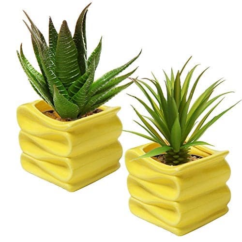 MyGift 4Inch Yellow Ceramic Mini Succulent Plant Pot Modern Decorative Planters with Candy Ribbon Design Set of 2