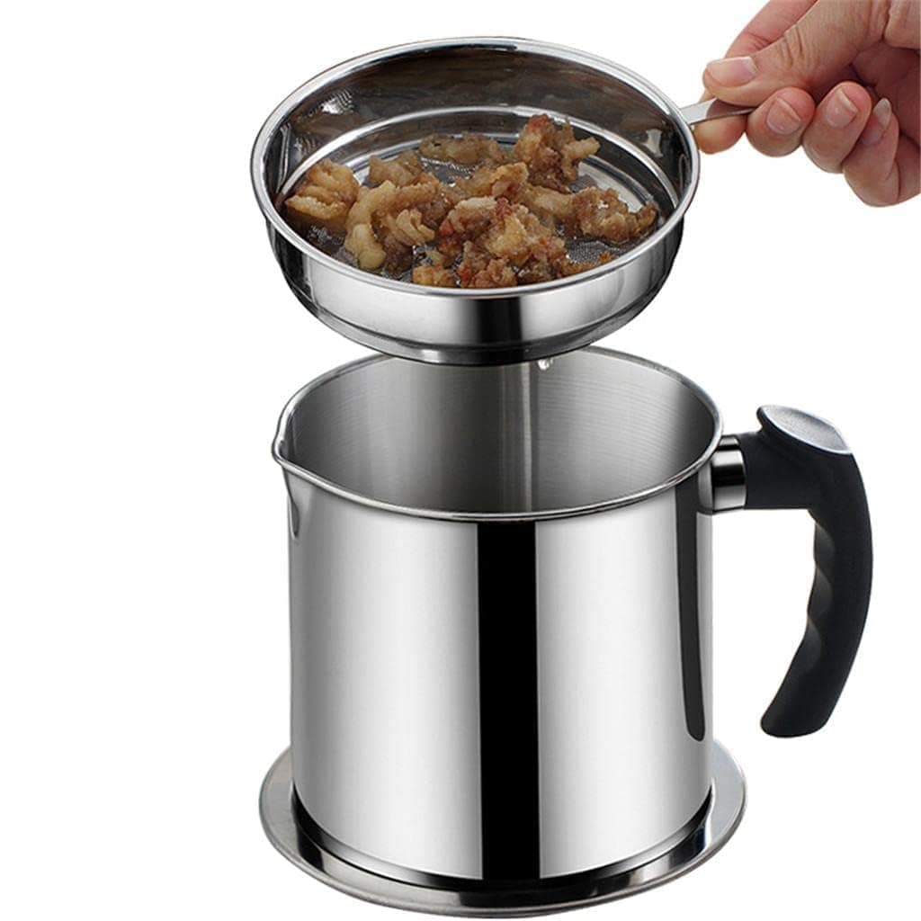 HMV MALL Oil Strainer Pot Grease Can Stainless Steel Cooking Grease ContainerReuse Oil Storage Best Oil Shaver Can Container with Removable Filter AntiScalding Handheld Lid for Cooking Oil