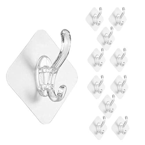BRAND VILLA Self Adhesive Wall Hooks Pack of 10 Heavy Duty Transparent Double Hook Strong Sticky Waterproof No Drill Wall Hook for Bathroom Kitchen Home Keys Towels Clothes Utility Hooks