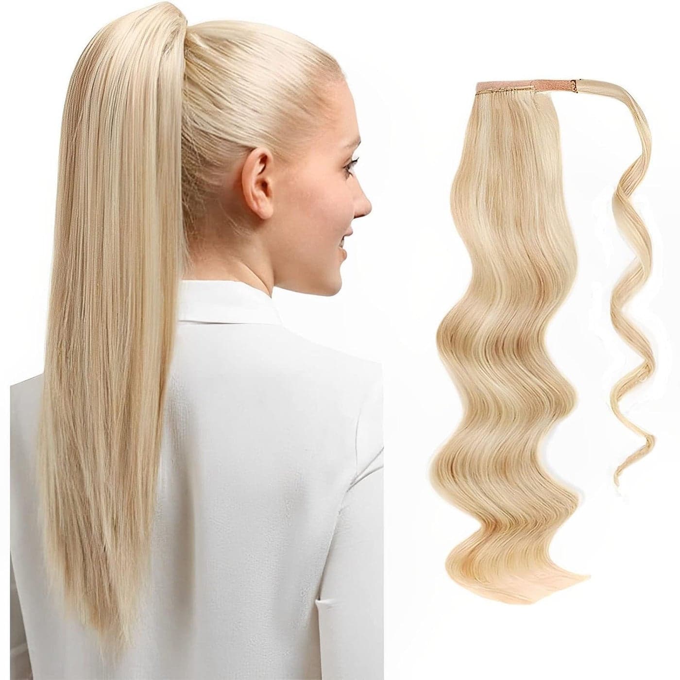 ABH AMAZINGBEAUTY HAIR Hair Women Ponytail Extension Remy Human Hair Wrap in Easy to Use 100 Gram Dirty Blonde with Platinum Blonde Highlights P1260 Color 20 Inch