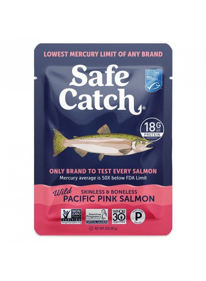 Safe Catch Wild Pacific Pink Salmon Skinless Boneless Wild-Caught Salmon Fish Pouch, Mercury Tested, Kosher, 12-Pack Salmon Pouches 3oz Packets