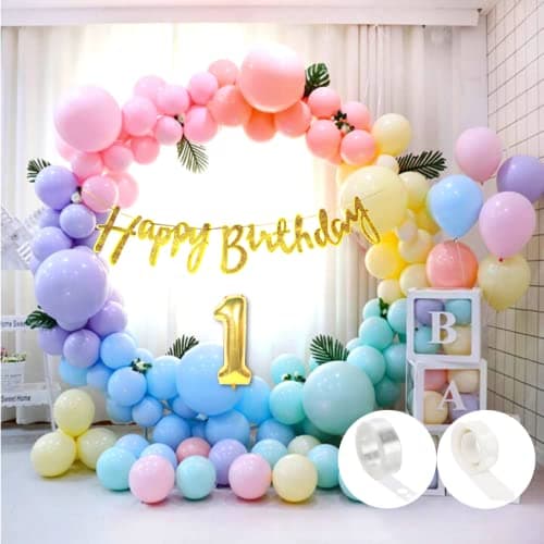 Flyloons 1St Pastel Happy Birthday Decoration Girls Kids Boys Glitter Golden Happy Birthday Banner,Pastel Balloons,Glue Dots,Arch Tape Birthday Decoration Items Room - Paper Banner,50 Pcs