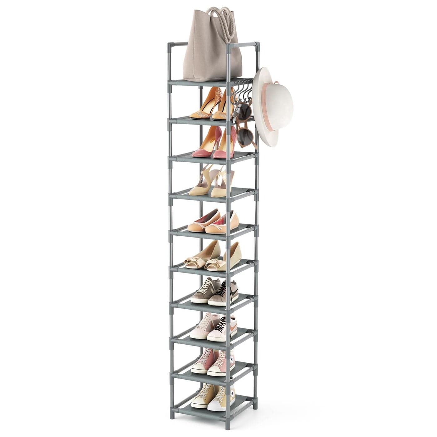 LANTEFUL Narrow Shoe Rack 10Tier Tall Shoe Organizer Skinny Shoe Shelf Storage for 1015 Pairs Shoe and Boot Space Saving Corner Shoe Rack Organizer for Closet Entryway Living Room Grey