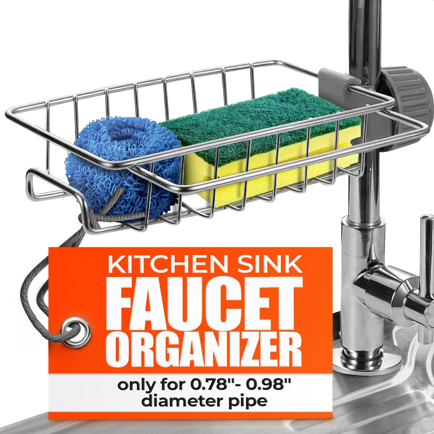 Faucet Sponge Holder for Kitchen Sink Fits for 078098 Diameter Pipe Stylish Kitchen Sink Faucet Organizer Stainless Steel RustResistant 360 Rotating Design for Soap Scrubbers Bathroom